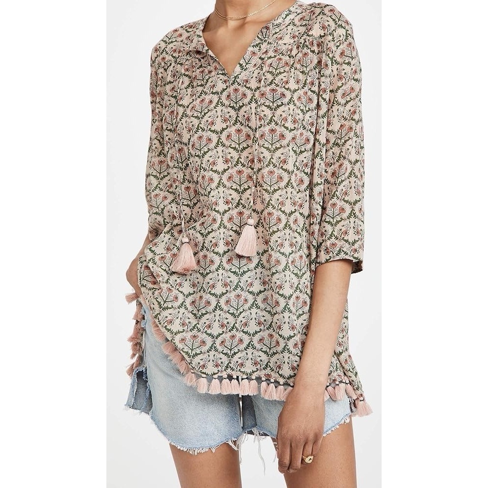 Roller Rabbit Hampton Serafina Floral Tassel Hem Tunic Pink Green‎ Cotton XS